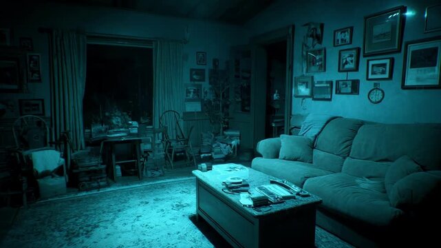 Interior medium shot of a dimly lit room enhanced by night vision effects highlighting textures and objects in near darkness.