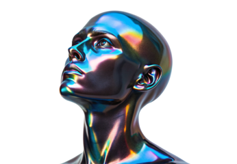 Chrome iridescent mannequin bust rainbow reflection futuristic metallic sculpture modern art, isolated on a transparent background