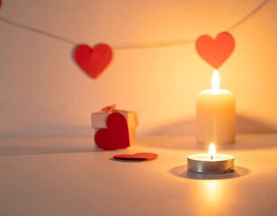 Romantic Candlelight Valentine&rsquo;s Day Scene with Hearts and Gift Box