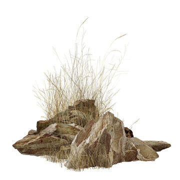 dry grass on white background/Rocky outcrop with dry grass, isolated on a white background in a natural, rugged style.