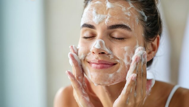 Young woman washing face with foam cleanser during morning skincare routine, promoting facial hygiene and healthy skin.