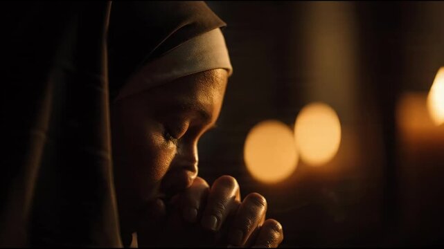 A moment of profound spiritual devotion and quiet reflection, as a faithful woman offers a heartfelt prayer in the warm glow of candlelight, finding inner peace