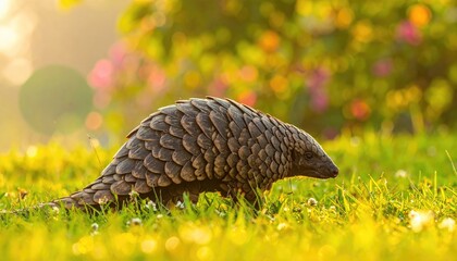 A charming pangolin exploring a vibrant, sunlit meadow with beautiful flowers. This scaly anteater is captured in its natural habitat