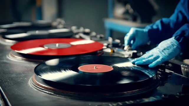 Worker placing digital audio masters into the vinyl press illustrating the transformation from digital files to tangible music records of varied styles.