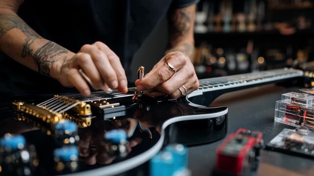 Musician using specialized tools to finetune electric guitar pickups and strings ensuring accurate sound reproduction in a sleek studio setup.