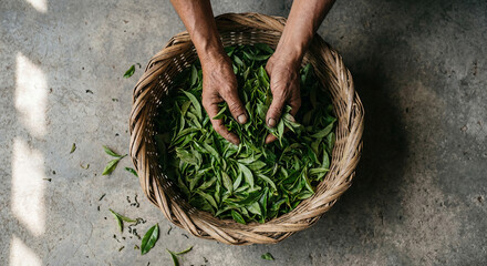 Weathered hands gently hold freshly plucked green tea leaves in a traditional wicker basket, reflecting the essential agricultural heritage and rich culture of Sri Lanka, a nation celebrating its ind