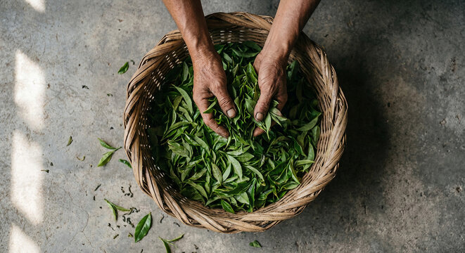 Weathered hands gently hold freshly plucked green tea leaves in a traditional wicker basket, reflecting the essential agricultural heritage and rich culture of Sri Lanka, a nation celebrating its ind