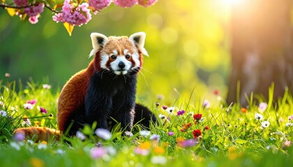 A Red Panda resting among blooming flowers under sunlight
