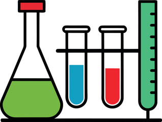 Colorful Beaker Icon with Flask Test Tubes and Graduated Cylinder for Chemistry Lab Illustration
