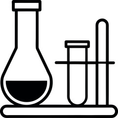 Laboratory Beaker Icon with Erlenmeyer Flask and Test Tubes in Rack Line Drawing