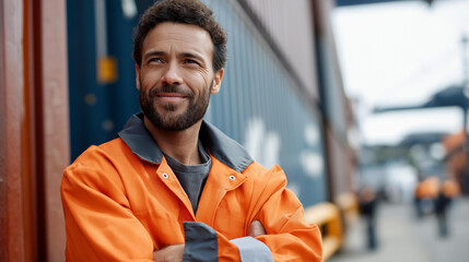 Faceless confident man in orange work uniform stands near shipping containers, representing shipping industry and hard work, logistics professional, defocused person, with copy space