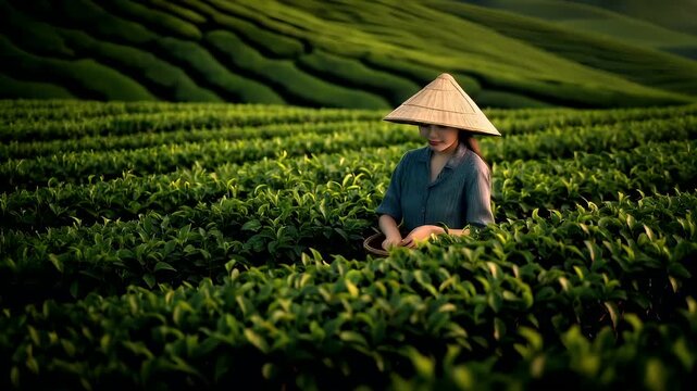 Tea industry. Tea leaves. Plantation. Culture. A woman in a conical hat amidst a lush green landscape, holding a branch of a plant. The scene is bathed in soft, natural light.