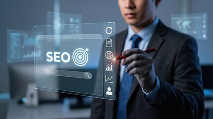 Focused professional man interacts with glowing SEO holographic screen in modern