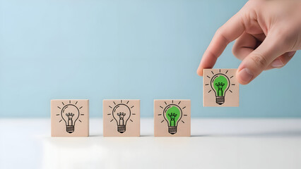 Hand selecting wooden block with green light bulb icon idea innovation