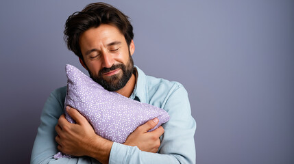 Portrait faceless nice looking attractive exhausted sleepy bearded person holding in hands pillow drowsiness going to bed isolated gray pastel violet purple background with cop