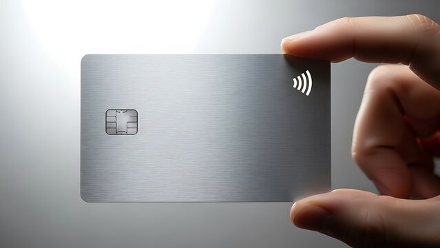 Hand holding blank metal credit card with wireless payment symbol for contactless technology and digital finance concept - Powered by Adobe