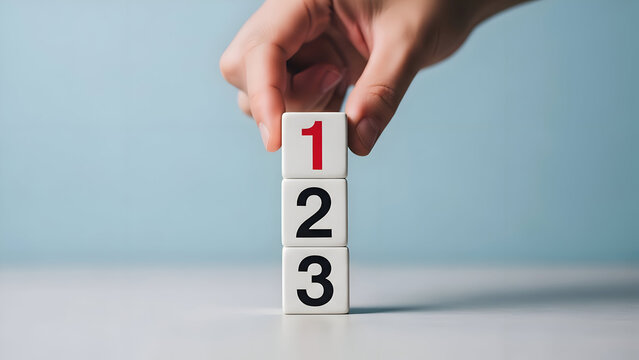 Hand stacking wooden blocks with numbers 123 in ascending order counting sequence