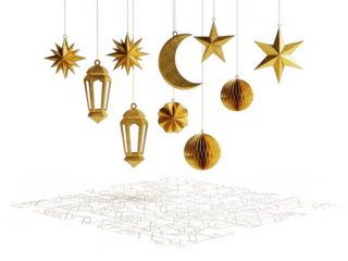 Golden celestial decorations hanging isolated on transparent background