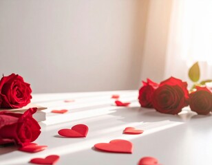 Romantic Valentine&rsquo;s Day Scene with Red Roses and Hearts on White Table