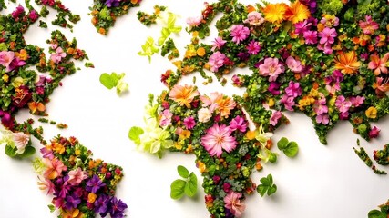 Aerial view of a floral world map, showcasing a vibrant array of flowers and foliage forming the shape of a world map. The flowers are a mix of pink, purple, yellow, and orange hues.