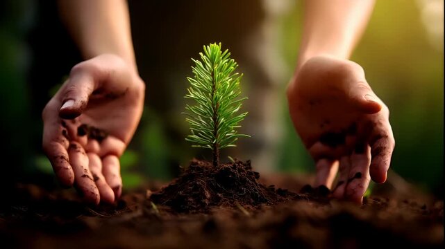 A closeup image of a persons hands holding a young pine tree. The style is candid and natural, capturing the essence of the moment. The coloration is warm.