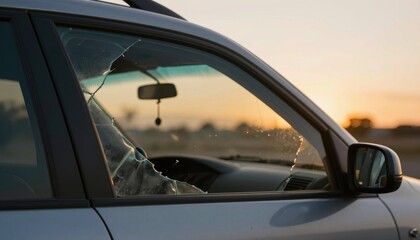 Car accident in sunlight captured at dusk urban environment close-up perspective highlighting shattered glass