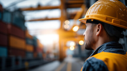 Faceless worker in safety gear stands at port with no trade sign, surrounded by cranes and shipping containers, reflecting impact of trade restrictions, defocused person, with copy space