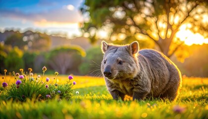 A charming wombat basking in the golden sunlight of the Australian outback, enjoying the serene natural environment.
