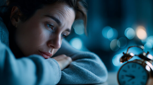 Sleepless desperate faceless beautiful woman awake at night not able to sleep looking at clock suffering from insomnia sleep disorder concept blue night time effect