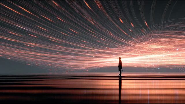 A lone figure contemplates an abstract concept of glowing digital pathways, reflecting on future connections and the intricate technological landscape