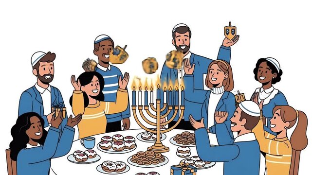 Diverse Family Celebrating Hanukkah Holiday With Menorah and Dreidels Footage