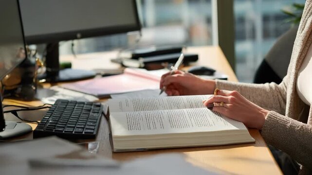 Professional translator accurately converting specialized environmental reports with nature and conservation terminology in a modern office setting.