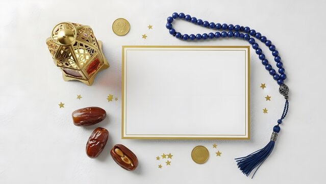 Ramadan Kareem greeting card with traditional Islamic elements, dates, and prayer beads on a white background.
