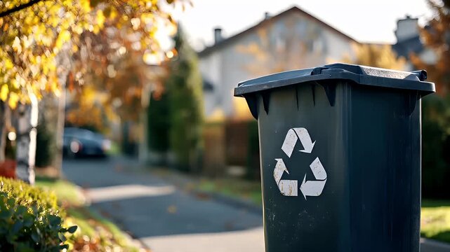 Recycling. Environment conservation. Waste management. A closeup shot of a black trash bin with a white recycling symbol on it, set against a backdrop of a residential street during autumn.