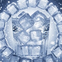 Obraz premium Glass of Cold Water Surrounded by Floating Ice Cube Ring in Winter Snow, Creative Refreshing Drink Concept