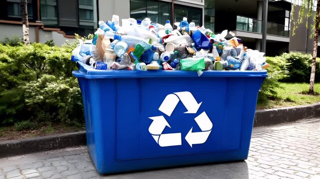 Recycling. Environment conservation. Waste management. A blue recycling bin with a white recycling symbol on its lid, filled with assorted plastic waste.