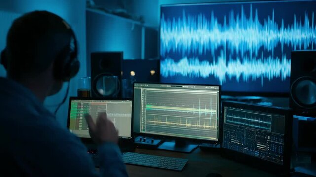 Medium shot of a creative professional finetuning AI mastering parameters for an electronic track emphasizing vibrant sound textures and deep bass reproduction in a dimly lit