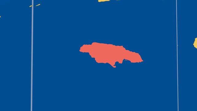 Jamaica on Globe. Animated zoom into the country in Ocean Blue Golden Yellow color palette. Jamaica logo animation. Map with meridians, parallels. Amazing video.