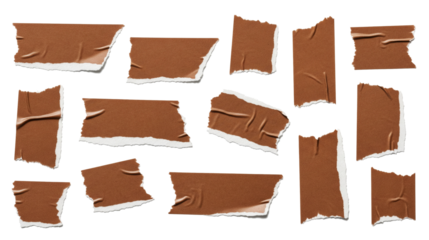 Realistic Brown Ripped Adhesive Tape Fragments Collection Isolated on Transparent Background