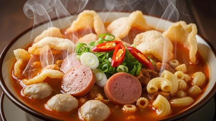 A bowl of hot and spicy Seblak, a popular West Javanese street food made from wet crackers and savory spices.
