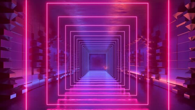 looping 3D animation of neon geometric square frames appearing inside a dark futuristic tunnel. Abstract urban background