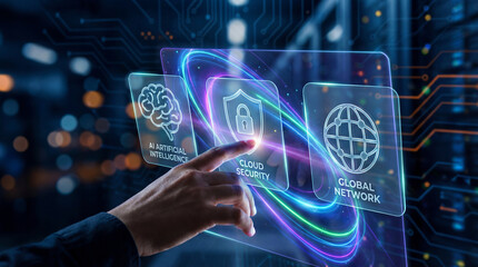 Hand interacting with virtual interface of AI artificial intelligence cloud security global network