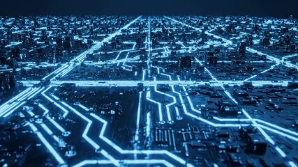 Glowing blue cityscape with neon lights and circuit board patterns - Powered by Adobe