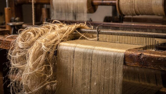 Medium shot capturing mediumgrade flax fibers undergoing combing highlighting the transition to finer smoother strands in a textile workshop.