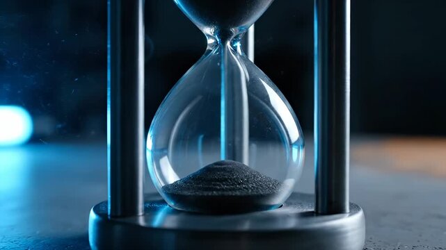 Black sand flows through glass hourglass with blue light. Timer measures time with flowing sand inside glass. Modern hourglass stands with metallic frame. Blue glow illuminates timer and sand flow.