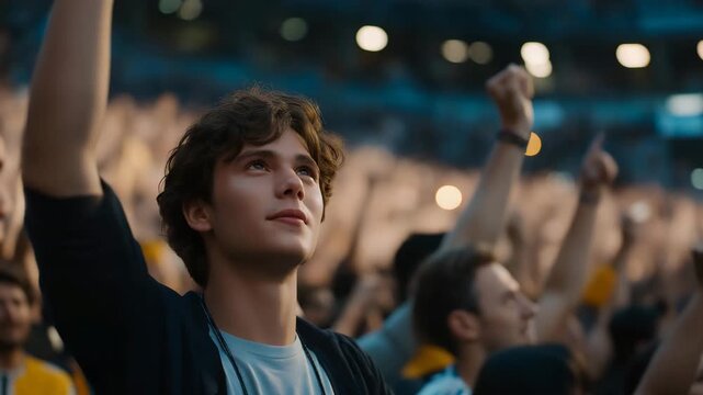 Crowded fan zone filled with supporters celebrating a goal, raised arms, joyful faces, and vibrant atmosphere capturing collective emotion, energy, and community spirit. cinematic color correction,