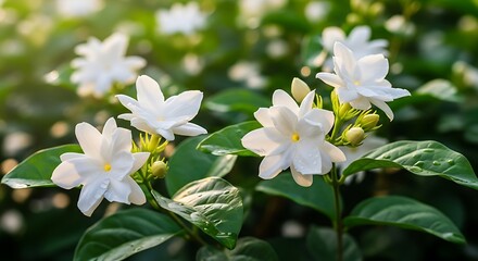 Fototapeta premium Delicate White Jasmine Flowers Blooming in a Lush Garden.