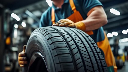 Recycling. Environment conservation. Waste management. A closeup shot of a mechanics hands adjusting a car tire in a workshop. - Powered by Adobe