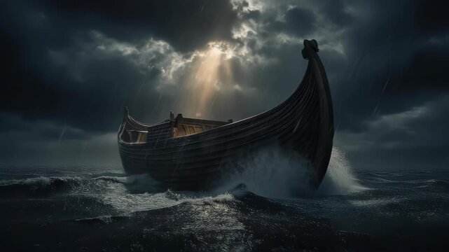 A solitary ship navigates stormy seas under dark clouds