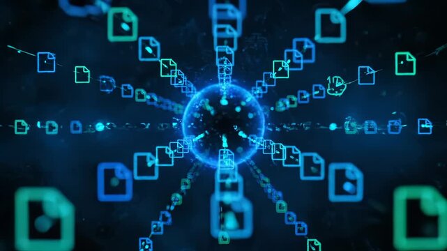 Digital document files flow into data sphere with network connections. File transfer shows technology flow. Document icons move in digital network. Data sphere receives file streams from network.